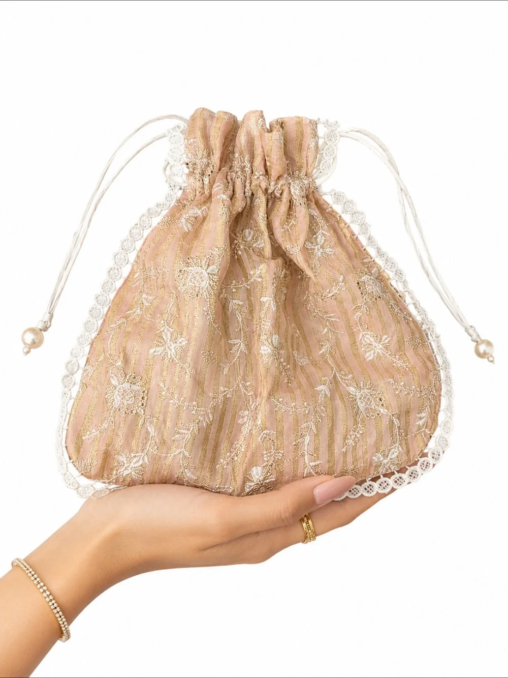 Designers Originals Indian Pakistani boho Pink Lace Drawstring Wristlet Pouch